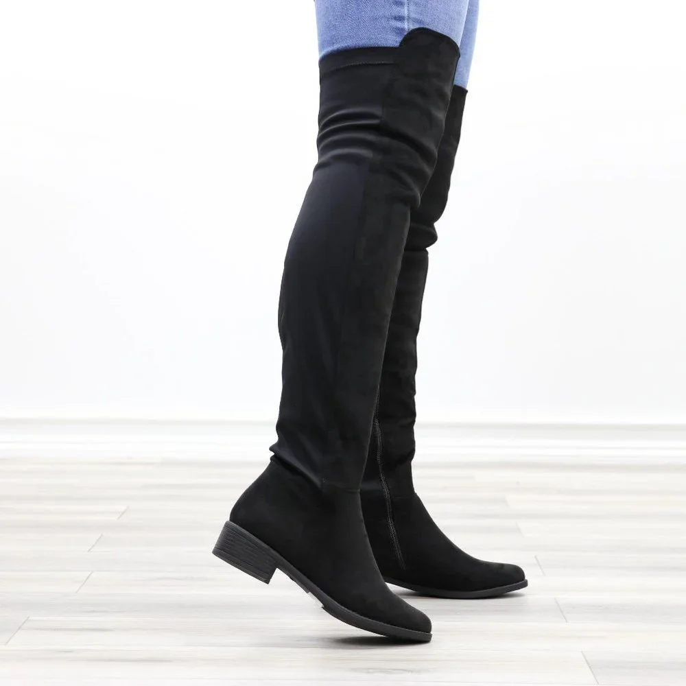 Low Heel Thigh High Boots Womens Over The Knee Suede & Stretchy Material Mix - Picture 6 of 14